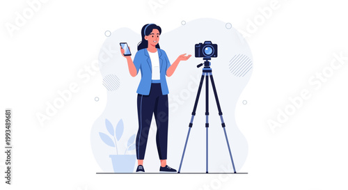 Woman filming content with camera and smartphone on tripod, vlogging concept