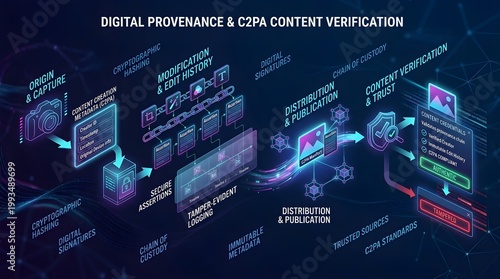 A digital infographic illustrating the process of digital provenance and C2PA content verification with various interconnected steps and stages