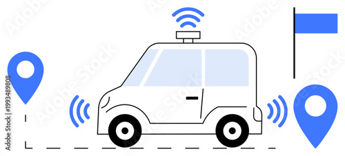 Self-driving vehicles, GPS navigation, smart transportation, futuristic automotive, mapping technology, connectivity. White autonomous car with GPS signals and destination markers. Self-driving