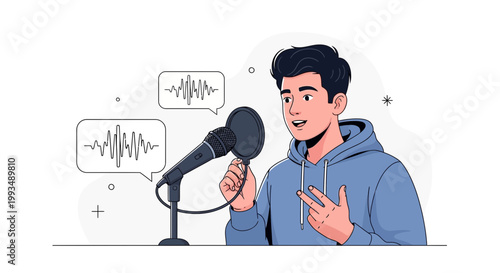 Young man recording podcast with microphone and waveform visualizations