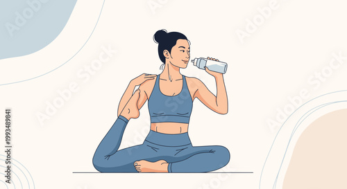 Woman in blue sportswear doing yoga and drinking water, healthy lifestyle