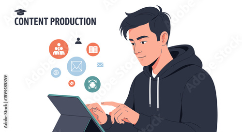 Young man using tablet for content production with digital icons