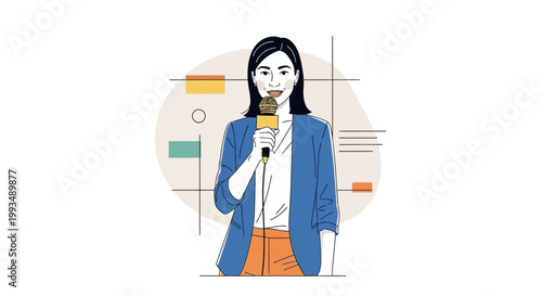 Woman journalist holding microphone, presenting news, vector illustration