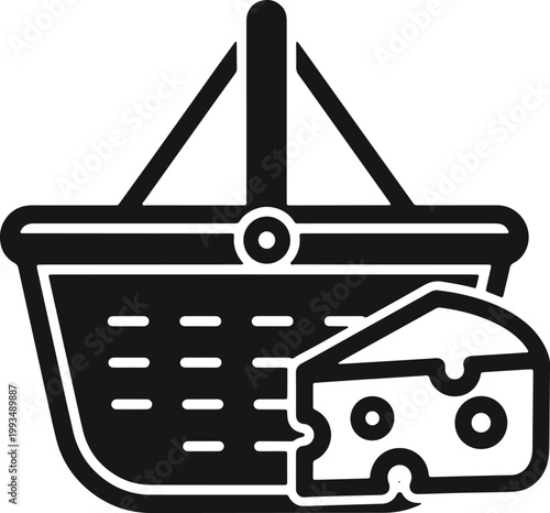 Picnic basket with cheese slices, food items for outdoor meal, simple food icon vector.
