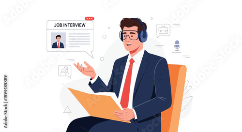 Man in Suit on Video Call for Job Interview, Holding Documents