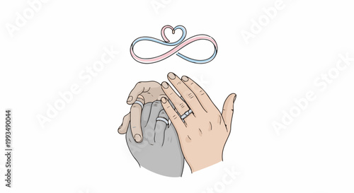 Two hands with wedding rings intertwined, beneath an infinity symbol with heart