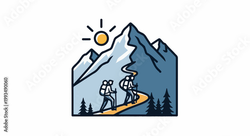 Two hikers ascend a winding path towards snow-capped mountains under a bright sun