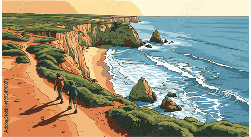 Two hikers walk along a coastal path overlooking the ocean, cliffs, and rocky outcrops