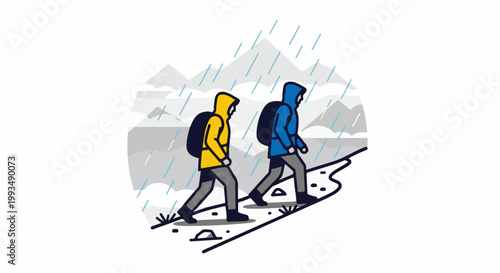 Two hikers in raincoats trek uphill through rain and mountains