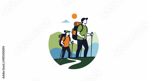 Two hikers with backpacks and poles walk along a winding path