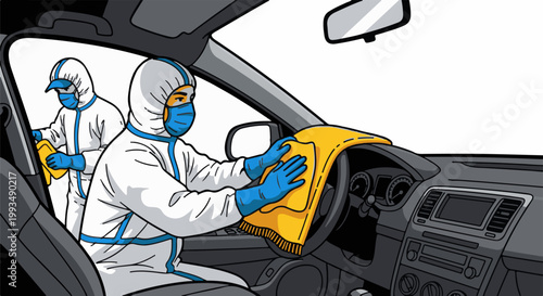Two individuals in protective suits clean the interior of a car with cloths
