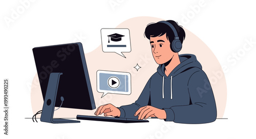 Young man with headphones learning online on computer, education concept