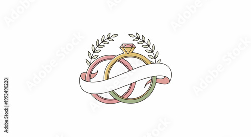 Two intertwined rings, one with a diamond, adorned with laurel branches and a ribbon banner