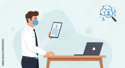Man in mask with tablet and laptop, online recruitment concept