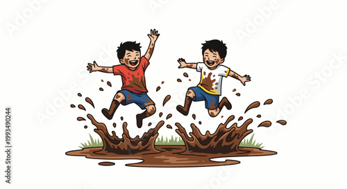 Two joyful boys jump gleefully into muddy puddles, splashing water everywhere