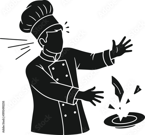 Chef drops plate, surprised expression, food preparation accident.