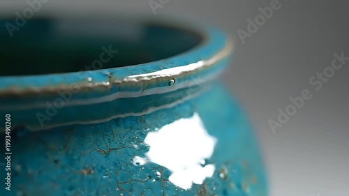 Closeup of a Textured Teal Ceramic Pot with Golden Rim.