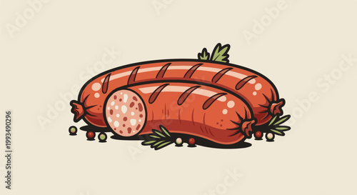 Two juicy sausages with herbs and peppercorns on a neutral background