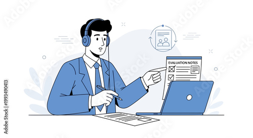 Man in headset with laptop and evaluation notes, online meeting, remote work, business concept