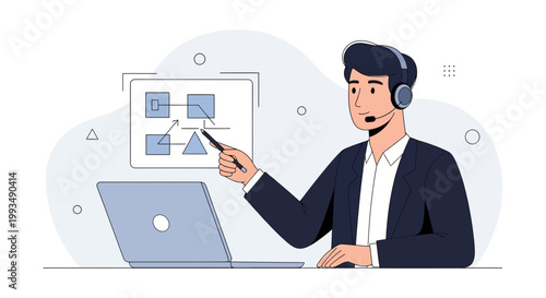 Man in headset presenting flowchart on screen, laptop on desk, online meeting concept