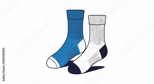 Two detailed illustrations of socks, one blue and white, the other black and white