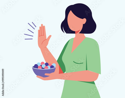 Woman Refusing Sweets. Includes Sugar Free, Healthy Diet, Diabetes, Nutrition, Weight Loss, No Sugar, Wellness, and Healthcare. Professional Flat Vector Illustration.