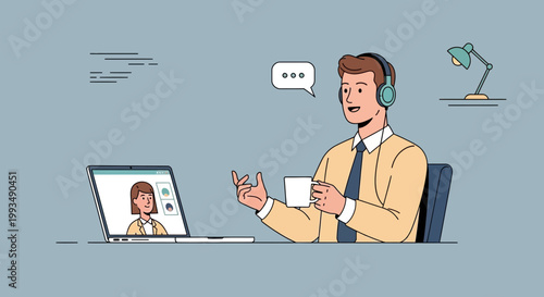 Man in Headphones on Video Call, Holding Coffee Cup, Working Remotely