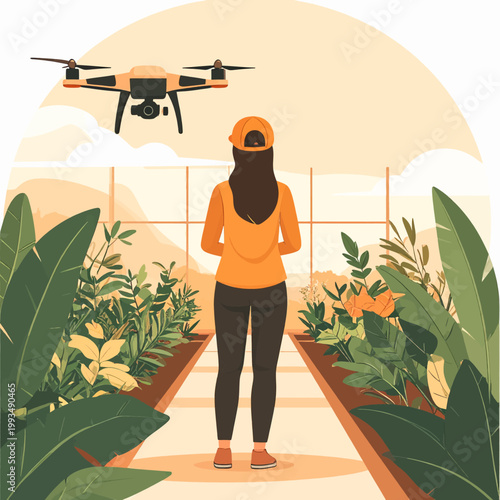Woman operating drone in greenhouse for plant monitoring and analysis.