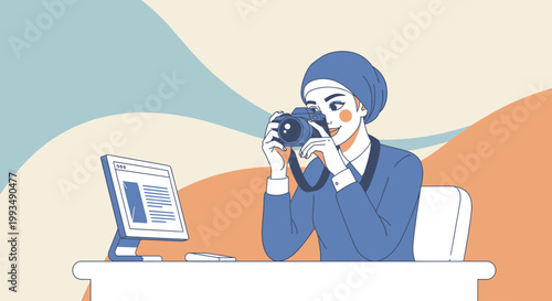 Woman photographer in hijab taking picture with camera at desk with computer
