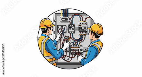 Two electricians in hard hats and vests inspect electrical panel wiring with meters