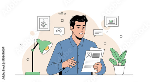 Man in blue shirt holding resume, video call icons, desk lamp, plant, office workspace