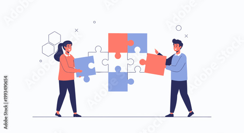 Teamwork puzzle solution, business people connecting pieces, collaboration concept illustration