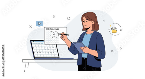 Woman planning monthly schedule on calendar and laptop, business planning concept