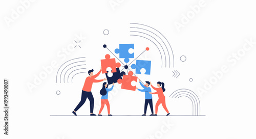 Teamwork puzzle solution, business people connecting pieces, collaboration concept