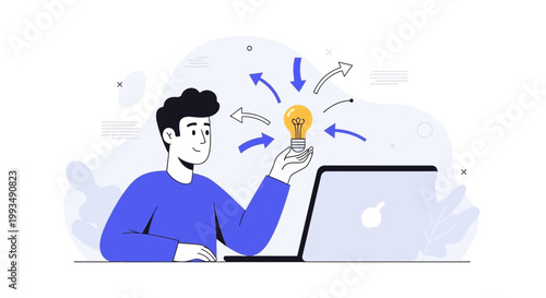 Man Holding Light Bulb Idea Symbol with Arrows and Laptop