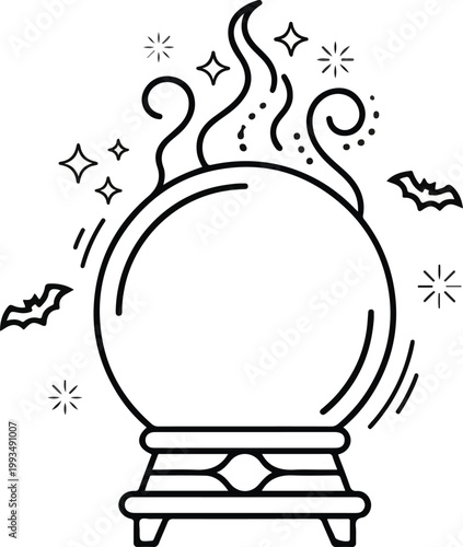 Magic crystal ball with smoke, bats, and sparkles, minimalist fortune teller line art icon isolated on white background.