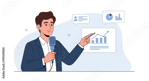 Man giving presentation with microphone and charts, business analytics concept