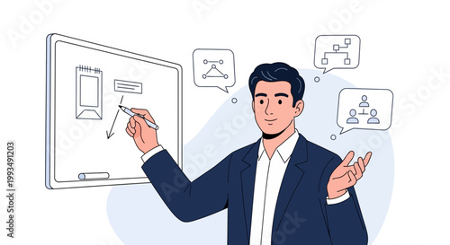 Man drawing flowchart on whiteboard, business strategy and planning concept