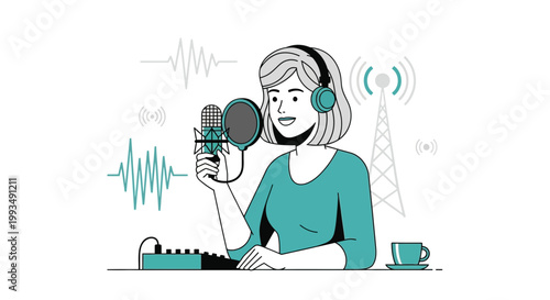 Woman Podcaster Recording Audio with Microphone and Headphones, Radio Waves