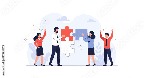 Teamwork, Collaboration, Business Success: People Assembling Puzzle Pieces