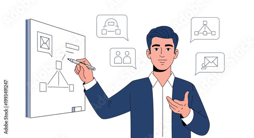 Man drawing business strategy flowchart on whiteboard, business planning concept