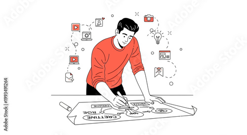 Man drawing business plan flowchart on paper, strategy and planning concept