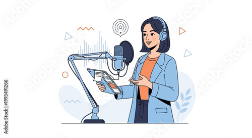 Woman Podcaster Recording Audio with Microphone and Headphones