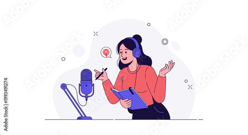 Woman Podcaster Recording Audio with Microphone and Headphones, Taking Notes
