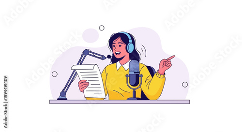 Woman Podcaster with Headphones and Microphone Recording Audio