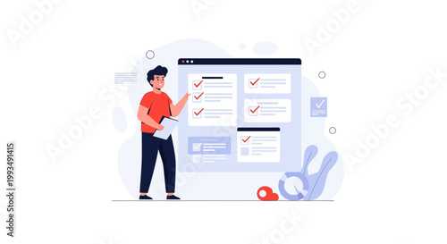Man checking tasks on a digital checklist, project management concept