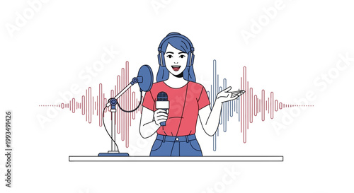 Woman Podcaster with Headphones Speaking into Microphone, Sound Waves