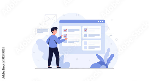 Man checking tasks on a digital checklist, online survey, task management concept
