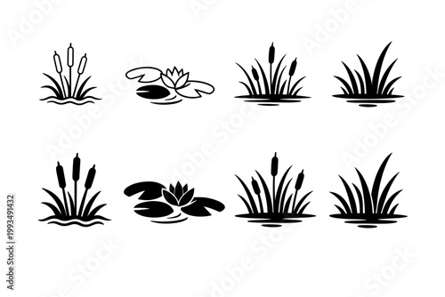Set of black aquatic plant icons featuring cattails, reeds, water lily pads, lotus flowers, and marsh grass vegetation in minimalist outline and solid silhouette styles for nature and pond design.