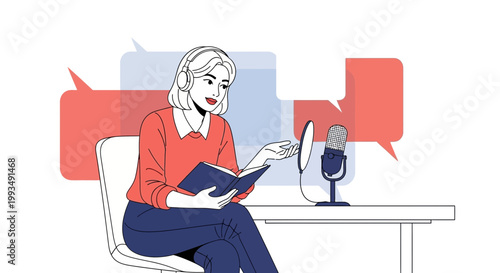 Woman podcasting with headphones and book, recording audio with microphone